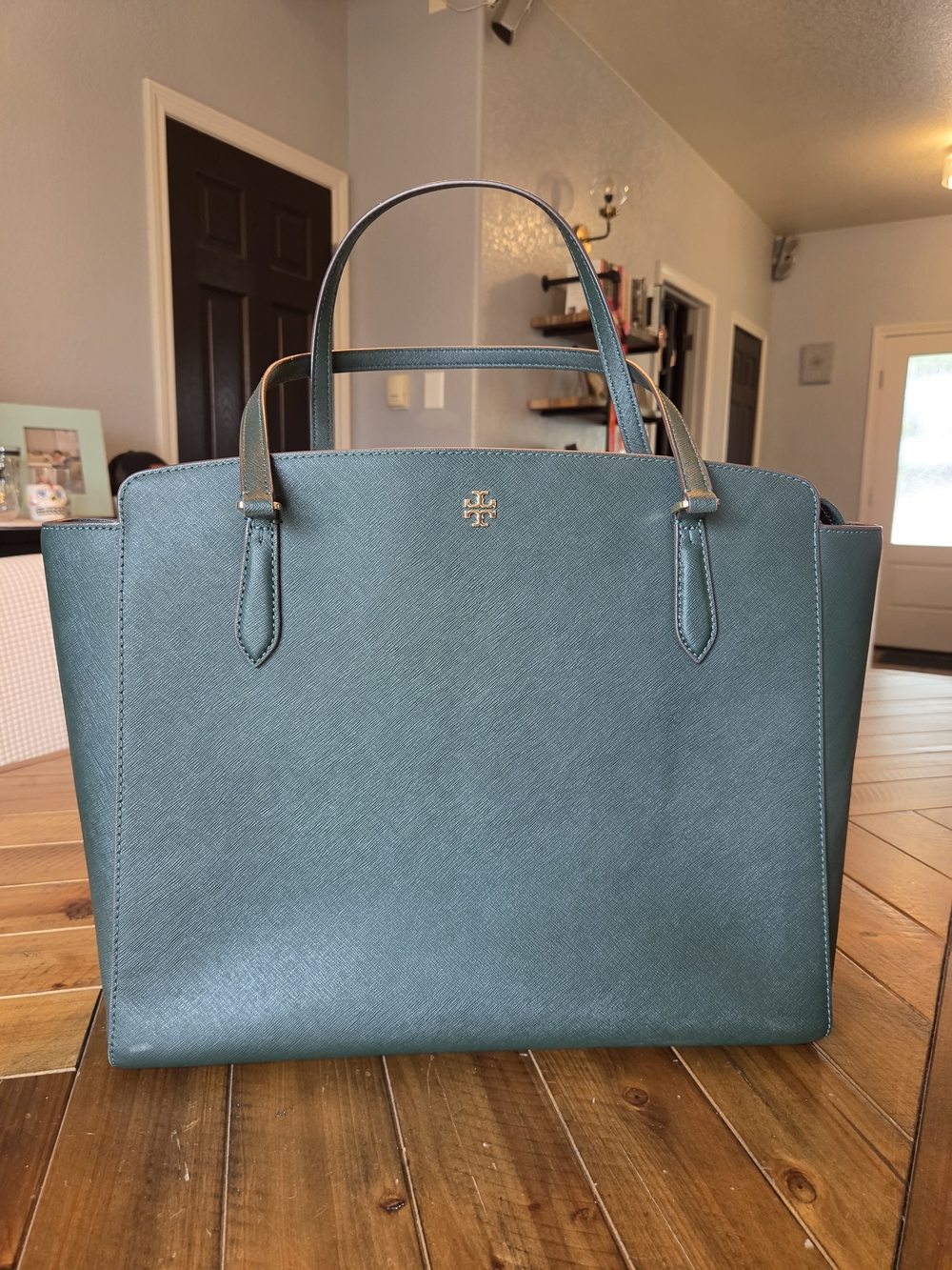 Tory Burch Green Saffiano Leather Large Emerson Top Zip Tote